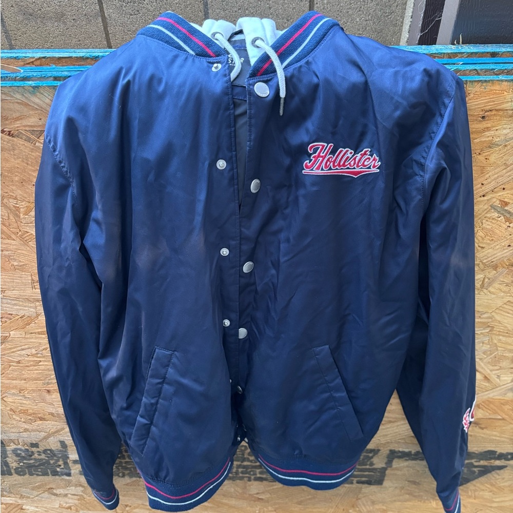 Hollister Men's Navy Hooded Bomber Jacket w/ Button Closure & Stitched Graphics
